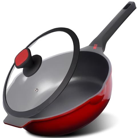DIIG Nonstick Deep Frying Pan Skillet with Lid, 12 inch/ 5.5 QT Saute Pan with Silicone Lid, Sauce Cookware Cooking Chef Pans, Cast Aluminum Induction Compatible, Ruby Red