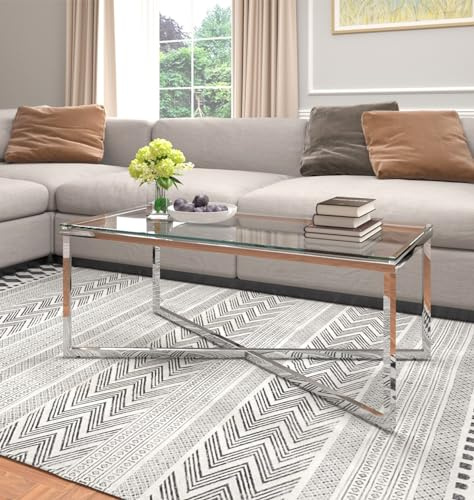 Hallowood Furniture Finley Coffee Table with Glass Top, Modern Rectangular Centre Table with Stainless Steel Frame, Stylish Occasional/Coffee Tables for Living Room, Lounge or Office
