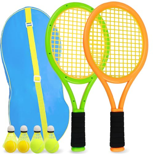 JHuiLap Kids Tennis Racket 17 Inch Lightweight for Junior Toddlers - Includes 2 Tennis Balls, 2 Sponge Balls, 4 Shuttlecocks & Carry Bag (Green & Orange)
