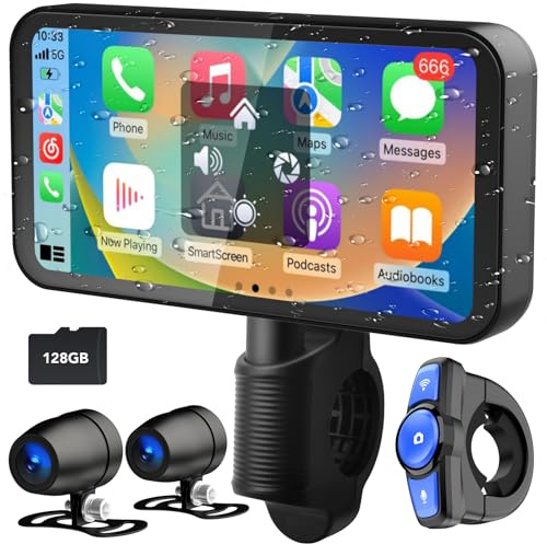Weuaste 6.25 Portable Motorcycle Carplay/Android Auto (Included 128G SD Card) with GPS Navigation System, IP67 Waterproof HD Touch Screen, Dual Dash Cam, Remote Control, Siri, BT, Google Assistant