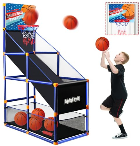 Arcade Basketball Game Set for Kids, Boy Toys Basketball Hoop with 4 Balls for 3 to 12 Years Old, Adjustable Height w/Pump & Storage Net for Kids Indoor Outdoor Sports Play, Christmas Birthday Gifts
