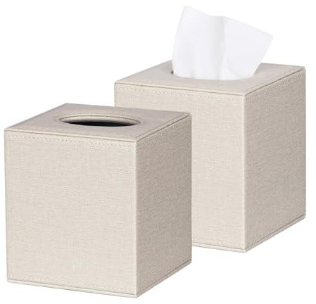 ArcaGuru 2 Pack Tissue Box Cover, Leather Tissue Box Holder, Stylish Tissue Box Holder with Magnetic Bottom, Square Tissue Box for Vanity, Toilet Tank, Counter, Night Stand, Desk, Office, Car, Beige