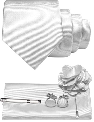 JEMYGINS Cravatta da uomo in twill con design in tinta unita con gemelli Pocket Square, fermacravatta e spilla floreale, set regalo per feste, business, matrimoni