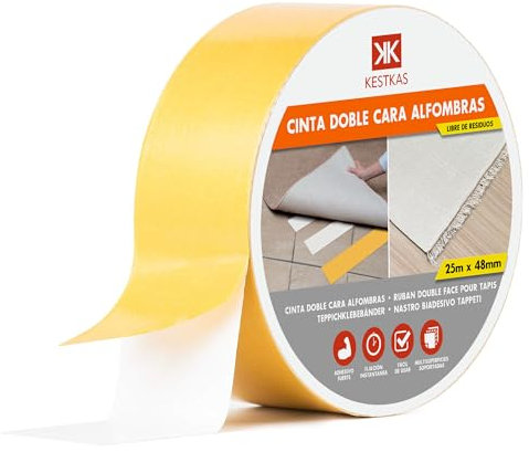 KESTKAS Cinta de doble cara extrafuerte para alfombras, moquetas (48mm x 25m) Adhesivo Libre de Residuos | cinta doble cara ropa para | Madera, Cerámica, PVC y Más | Fácil de Usar (1)
