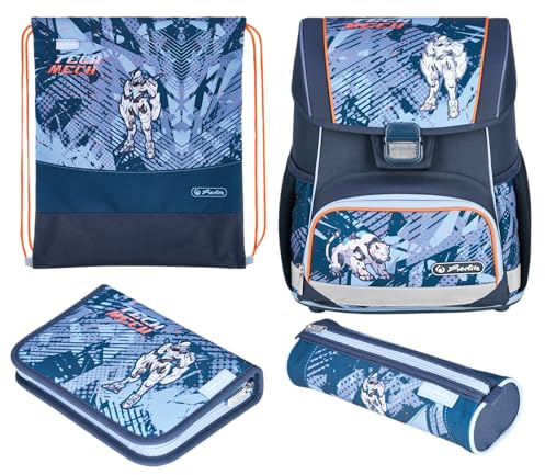 herlitz Schulranzen Set 4-teilig Loop Tech Mech Blau 17 L Ergonomischer Tornister mit geringem Gewicht 1. Klasse Junge Mädchen Kinder