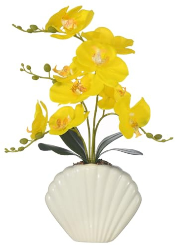 YSZL Artificial Phalaenopsis Orchid Plant in Seashell Pot, 16 Fake Orchid Flowers, Silk Faux Orchids for Home Decor, Office, Table Centerpiece, Real Touch Lifelike Indoor House Plant (Yellow)