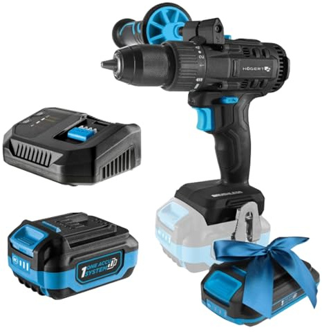 HÖGERT TECHNIK Bürstenloser Akku-Bohrschrauber Set 18V, 80 Nm Drehmoment, 4,0 Ah Akku, 4A Ladegerät, LED-Beleuchtung, Metallgetriebe, Für Holz & Metall + PROMO 2,0 Ah Akku
