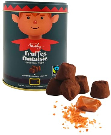 Chocolat Mathez - Truffes au chocolat aux éclats de caramel– Boite chocolat de Noël à offrir en forme de lutin - Fabrication française – Boîte métal décorative à réutiliser - Idée cadeau