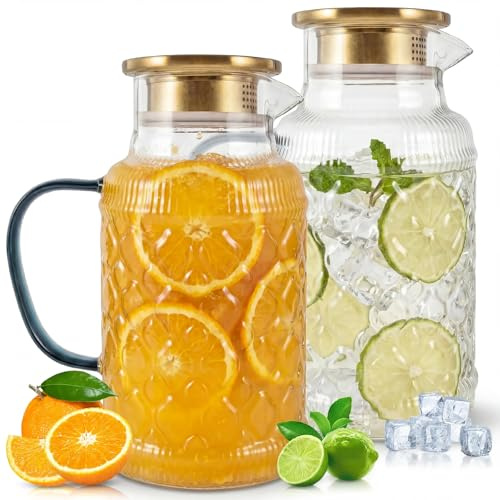 2 stycken glaskanna med lock 2 liter, borosilikatglas vattenkanna värmebeständig, retro glaskaraff med filter i rostfritt stål och droppfri pip, tekanna för iste och varma drycker