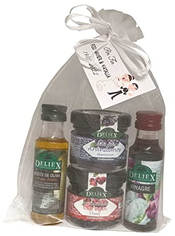 Detalle para regalar a invitados de bodas, con miniaturas de aceite de oliva, vinagre de Jerez D.O, mermeladas de cereza y de arándanos (Pack 24 ud)