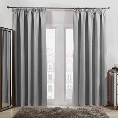 Dreamscene Pencil Pleat Blackout Curtains Set of 2 Thermal Tape Top Heading Panels, Silver Grey - Width 46 x Drop 54