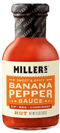 Miller's Mustard- Red Mustard Banana Pepper Hot Sauce, Sweet Spicy Banana Pepper Sauce - Best Use for Chicken Wing, Burgers, Sandwich 9.5 OZ