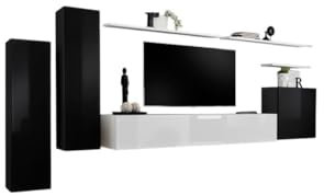 Ensemble Meubles de Salon Switch I – Design Moderne – Noir et Blanc Brillant – Meuble TV et rangements Suspendus