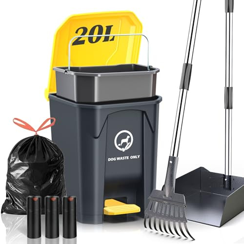Pestairs Outdoor Dog Poop Trash Can with Pooper Scooper & 60 Free Poop Bags -20 L/5.2 Gallon Dog Waste Trash Can Pet Waste Disposal Station with Inner Bucket - Metal Dog Pooper Scooper Great Dogs