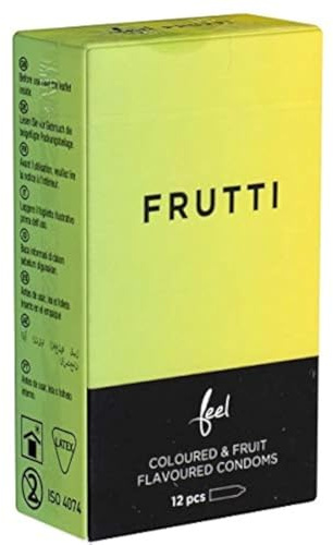 Feel Frutti, färgglada kondomer med arom (banan, druvor, jordgubbar), 1 x 12 stycken