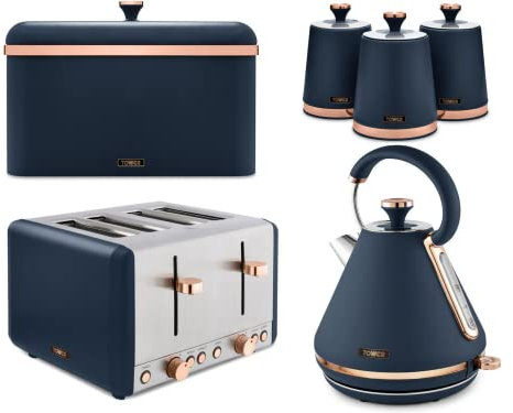 RKW Tower Cavaletto 3KW 1.7L Pyramid Kettle, 4-Slice 1800W Toaster, Bread Bin & Set of 3 Tea, Coffee Sugar Canisters in Midnight Blue Rose Gold. Matching Kitchen 6 Items