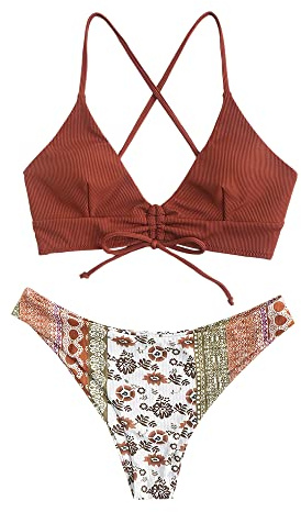 ZAFUL - Bikini da donna con reggiseno regolabile dotato di push-up e slip a triangolo con motivo floreale, Marrone-e, S