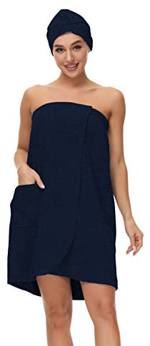 Verve Jelly Women's Spa Bath Body Wraps & Hair Towel Lightweight Knee Length Shower Wrap with Adjustable Closure Navy Blue XL