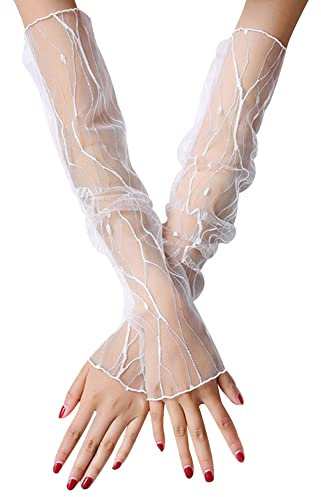 Handschuhe für Damen, Sommer Elegant Spitze Lang Handschuhe Armstulpen Sonnenschutz Fingerlose Handstulpen Hochzeit Brautstulpen Fahrhandschuhe für Hochzeit Party Karneval,Weiß