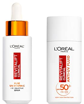 L'Oréal Paris Revitalift Clinical 12% Pure Vitamin C Serum (30ml) & SPF 50 UV Fluid (50ml) Duo for Face, Antioxidant Protection, Brighter Smoother Skin, UV Protection
