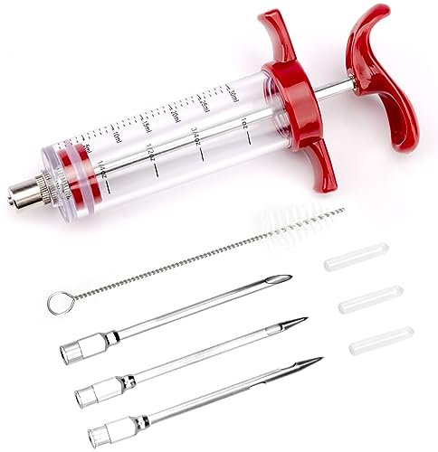 Turkey Meat Injector Syringe Kit with 3 Marinade Needles for BBQ Grill Smoker, 1 Cleaning Brush, 1 Oz/30 ml Large Capacity Injector Marinades for Meats Red