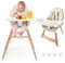 COSTWAY 2 in 1 Babyhochstuhl, Hochstuhl aus Buchenholz mit 5-Punkt-Sicherheitsgurt, abnehmbarem Doppeltablett & Sitzkissen, Babystuhl Kinderhochstuhl für 6-36 Monaten Baby, 15 kg Belastbar (Beige)