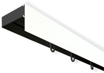 SN Deco - Vorhangschiene SH Set 1-läufig, Gardinenschiene, vorgebohrt, m. Blende weiß 7.5cm, Komplettes Zubehör und Röllchen (Schiene Schwarz, Blende Weiß, 480 cm - aus 3 Teilen)