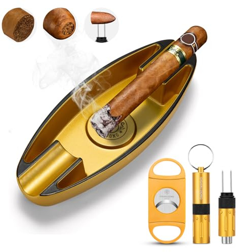 Demcigar Cigar Ashtray,Cigar Cutter and Punch Set, Enlarge Guillotine 60+ Ring Gauge, 2-In-1 Punch with Twin Nubber Portable Ashtray for Outside Patio(Gold)