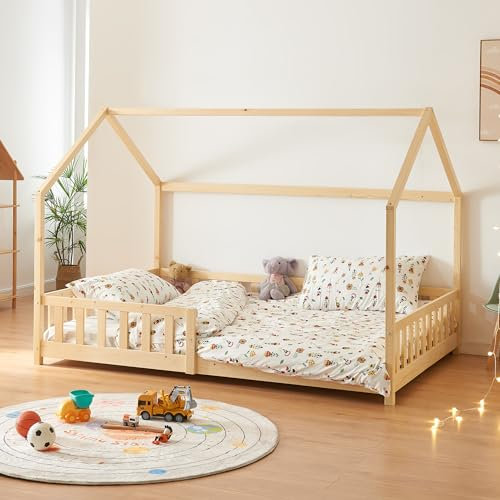[en.casa] Kinderbett Hesel Hausbett Holzoptik 120 x 200 cm mit Rausfallschutz und Lattenrost Montessori Bodenbett Jugendbett Holzbett