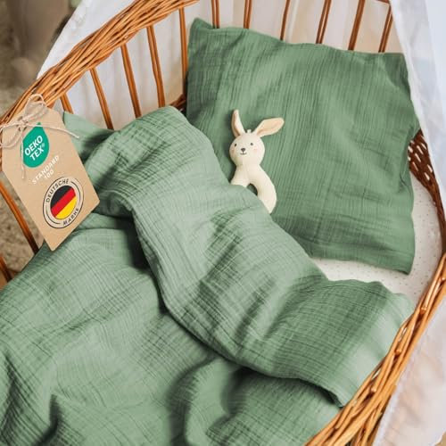 Laleni Funda Nórdica Cuna 80x80 cm Algodón, Funda Almohada 35x40 cm, Ropa Edredón Oeko-Tex, Verde