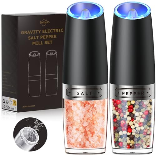 Sangcon Set Macina Pepe e Sale Elettrico a Gravità, Capacità 6Oz, Funzionamento Senza Sforzo con una Sola Mano, Spessore Regolabile, con Luce LED, Alimentazione a Batteria AAA, Confezione da 2(Nero)