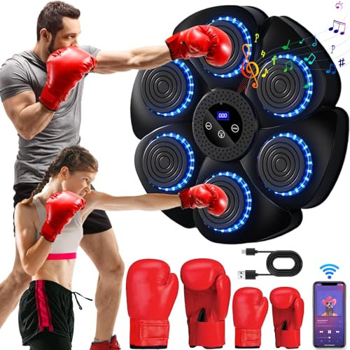 Music Boxing Machine, LED Elektronische Musik Boxmaschine, 9 Funktion und 18 Geschwindigkeit und Zählmodus, Bluetooth Wandmontiertes Boxziel mit Boxhandschuhen für Erwachsene und Kinder Exercise