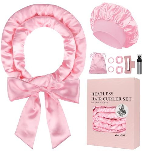 Baolivi Satin Bigoudis Bandeau Boucleur de Cheveux Boucle sans Chaleur Antidérapant, Doux Heatless Hair Curlers pour Dormir, 9 Pièces Kit de Boucles sans Chaleur pour Cheveux Moyens et Longs,Rose