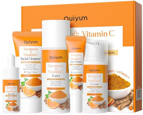 QUIYUM Set de Cuidado de la Piel con Curcuma Vitamina C, 5 Piezas Kit Skincare Facial Mujer Completo, con Leche Limpiadora Facial Tónico Crema para Ojos Suero y Crema Facial