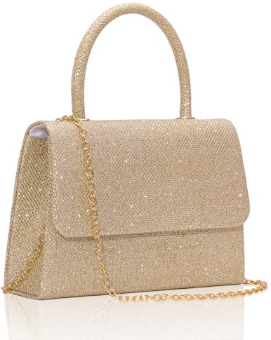 Larcenciel Bolso Mujer Champán, Elegante Purpurina Bolso Fiesta Mujer con Cadena Desmontable, Brillante Clutch con Asa, Bolso Bandolera de Moda, Carteras de Mano para Boda, Fiesta, Cóctele, 20x13x5CM