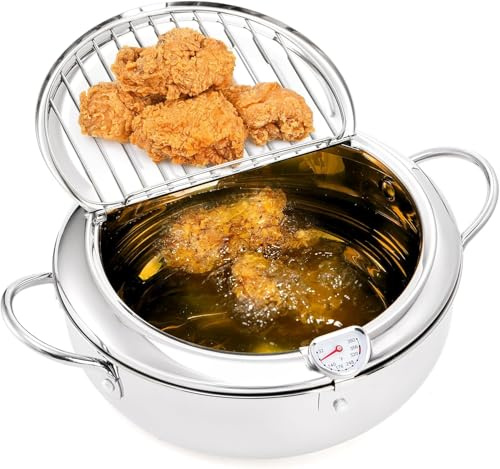 Zjyufy Deep Fryer Pot With Lid And Oil Drip Rack, 4.2L Stainless Steel Japanese Style Tempura Frying Pan With Temperature Contro, For French Fries Shrimp Meatballs Kitchen Cooking