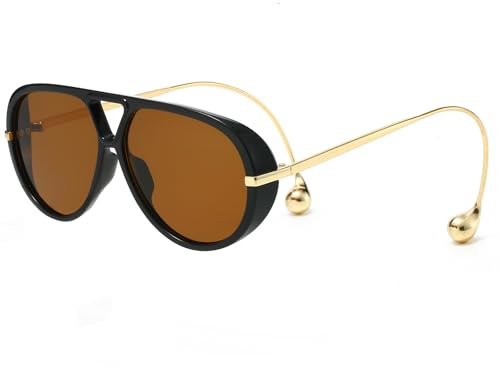 YAMEIZE Gafas de Sol Redondo Oversized para Mujeres y Hombres Retro Piloto 70 años Puente Doble con Pendiente Grande Gafas Protección UV400