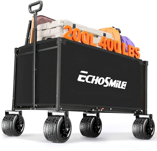 EchoSmile Bollervagn, vikbar 200 l, 180 kg, lastbil, handvagn, transportvagn, vikbar med justerbart handtag, breda hjul, terrängfordon, strandvagn, trädgårdsvagn, shoppingvagn, svart