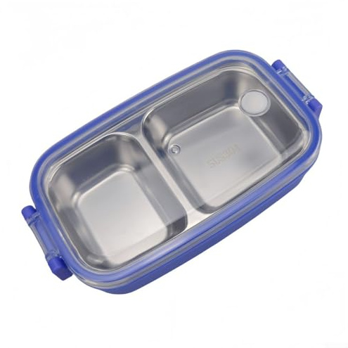 Boîte à déjeuner en acier inoxydable 304 avec couvercles scellés en silicone anti-fuite et 3 compartiments pour un usage quotidien (bleu)