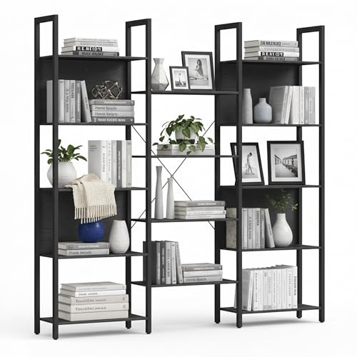 Relaxdays Libreria Industrial, 14 Ripiani, Legno e Metallo, scaffale per Soggiorno, Ufficio, HBT 166x158x24 cm, Nero