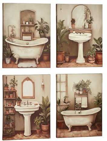 Bathroom Bliss Wall Art Set of Four | Handpainted Accents in Warm Neutral and Earth Tones | Vintage Clawfoot Tub & Pedestal Sink Designs Surrounded by Potted Greenery Plants | 4-pc Canvas Artwork Set