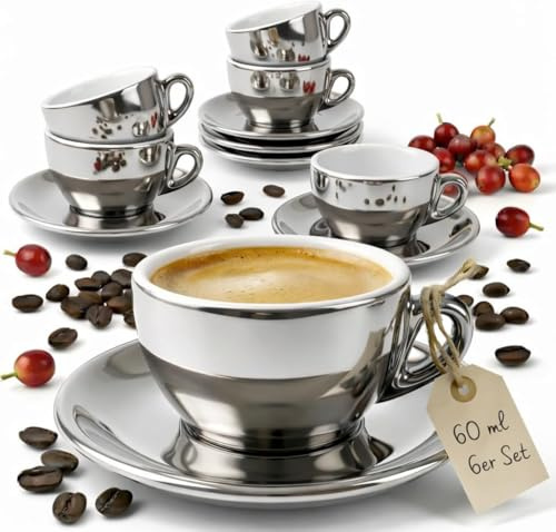 MUVELL Set 6 Tazzine da Caffè Espresso 60 ml con Piattini Argento e Bianco Porcellana Spessa Stile Italiano Idea Regalo