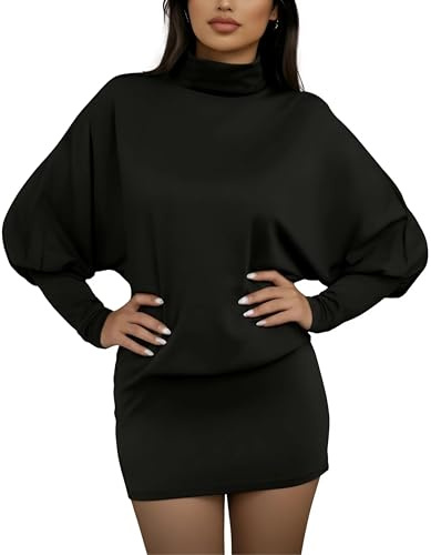 AMABILEMIA Vestito Donna Elegante Corto Nero Miniabito Sexy a Maniche Lunghe Invernale da Sera Aderente Inverno Discoteca AM226 (IT, Testo, XL, Regular, Regular, Nero)