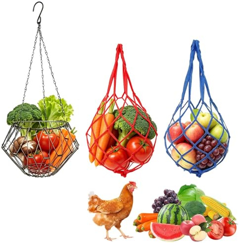 3 mangiatoie automatiche da appendere per polli e verdure, 1 mangiatoia automatica in metallo da appendere con 4 catene da appendere e 2 sacchetti in rete di nylon, mangiatoia automatica per anatre