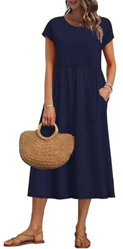 AUSELILY Women's Summer Short Sleeve Midi Dresses Loose Dress with Pockets