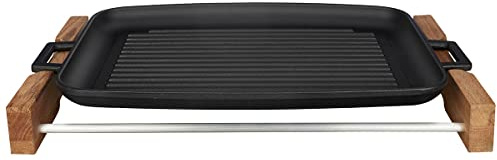 LAVA Gusseisen Grillplatte mit Grillfläche Metallgriff Holzständer 31x42cm