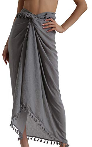 Eicolorte Beach Sarong Pareo - Costume da bagno da donna, semi-velato, con nappe, 13-grigio-lungo, 3XL