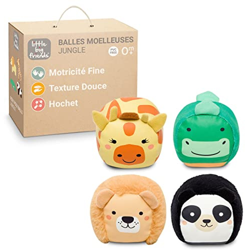 Little Big Friends Kuschelbälle | Set mit 4 sensorischen Bällen für Babys mit Glöckchengeräuschen | Verschiedene Texturen, Lernspiel und weiches Dekor | Dschungel
