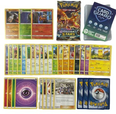 Pok Set mit 50 Pokemon-Karten ohne Doppelkarten + 1 zufälliges Pokemon Booster + 2 glänzende Geschenkkarten + 1 seltene Karten + 100 Heartforcards® Card Guard Sleeves
