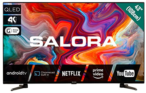 SALORA QLED Series | QLED 43'' TV 4K UHD((3840x2160) colori vividi HDR10/HLG | Android TV con Wi-Fi e Chromecast, Bluetooth, controllo vocale, EPG | 3 HDMI, USB, Dolby Audio | Nero | Classe G